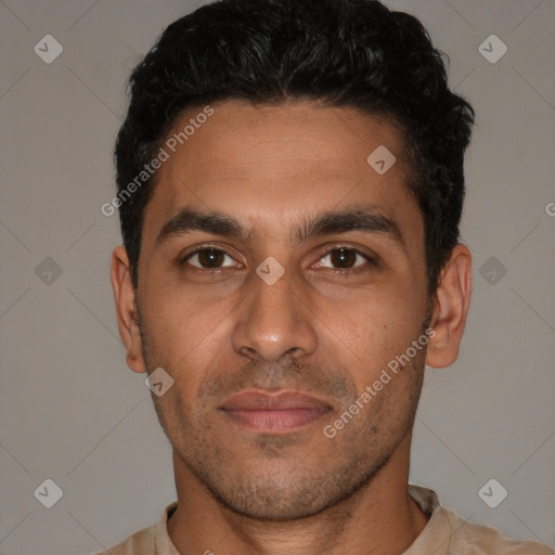 Neutral latino young-adult male with short  black hair and brown eyes