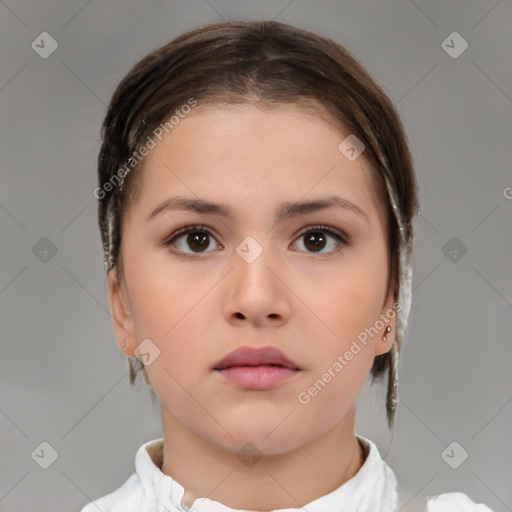 Neutral white young-adult female with medium  brown hair and brown eyes