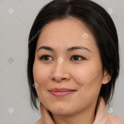 Joyful white young-adult female with medium  brown hair and brown eyes