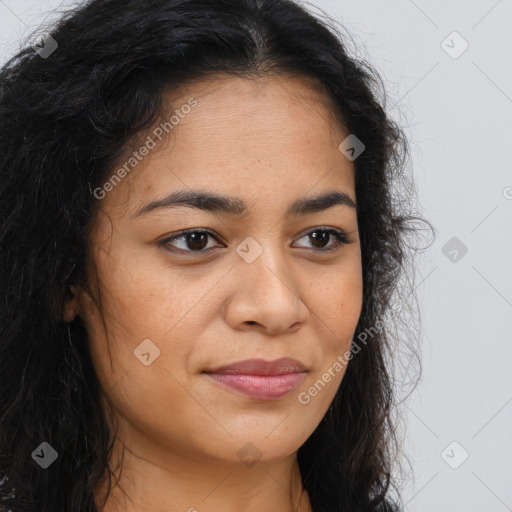 Joyful latino young-adult female with long  brown hair and brown eyes