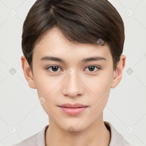 Neutral white young-adult female with short  brown hair and brown eyes