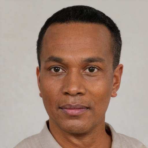 Neutral black adult male with short  black hair and brown eyes