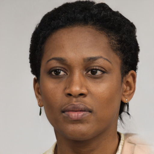 Neutral black young-adult female with short  brown hair and brown eyes