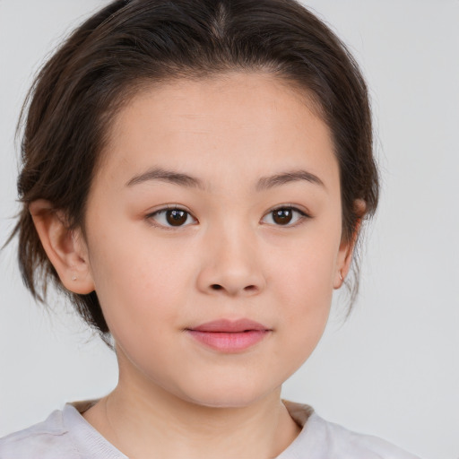 Joyful white child female with medium  brown hair and brown eyes