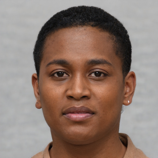 Neutral black young-adult female with short  brown hair and brown eyes