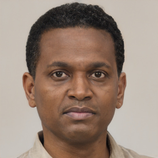 Neutral black young-adult male with short  black hair and brown eyes