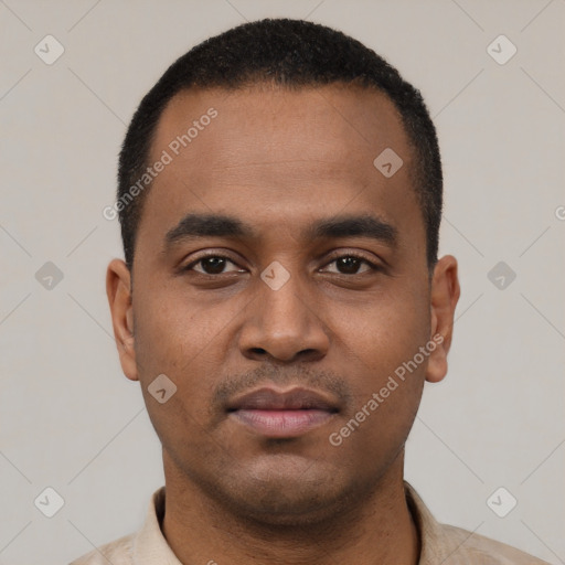 Neutral latino young-adult male with short  black hair and brown eyes