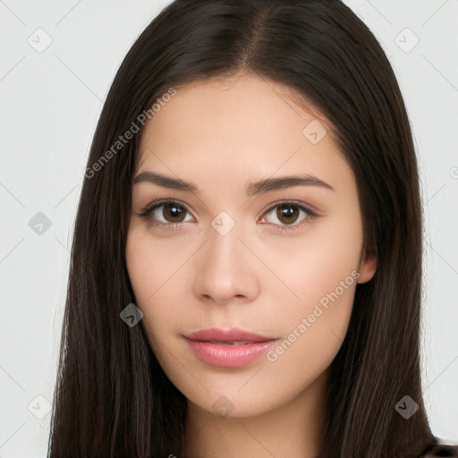 Neutral white young-adult female with long  brown hair and brown eyes