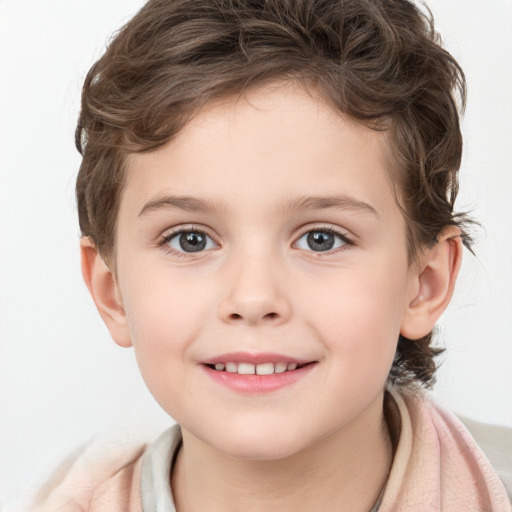 Joyful white child female with medium  brown hair and blue eyes