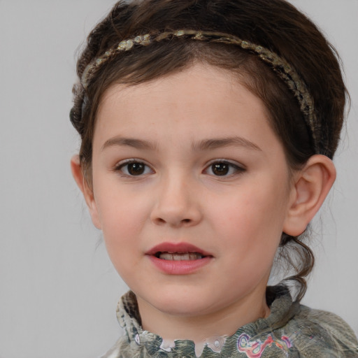 Joyful white child female with medium  brown hair and brown eyes