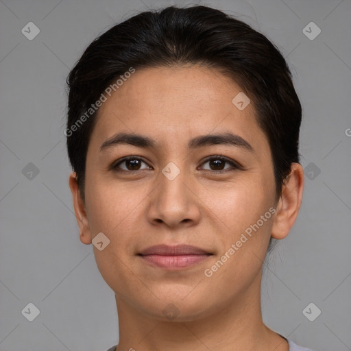 Joyful white young-adult female with short  brown hair and brown eyes