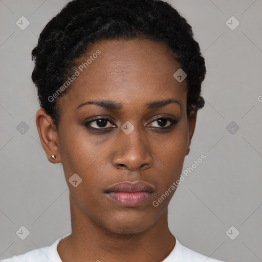 Neutral latino young-adult female with short  black hair and brown eyes