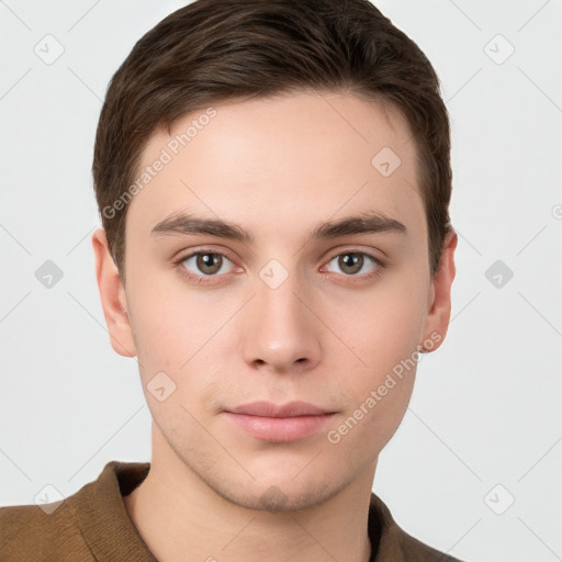 Neutral white young-adult male with short  brown hair and grey eyes