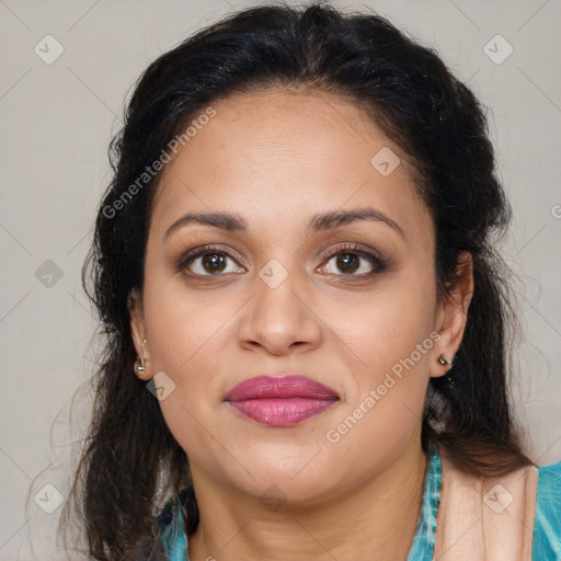 Joyful latino young-adult female with medium  brown hair and brown eyes