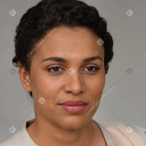 Joyful latino young-adult female with short  brown hair and brown eyes