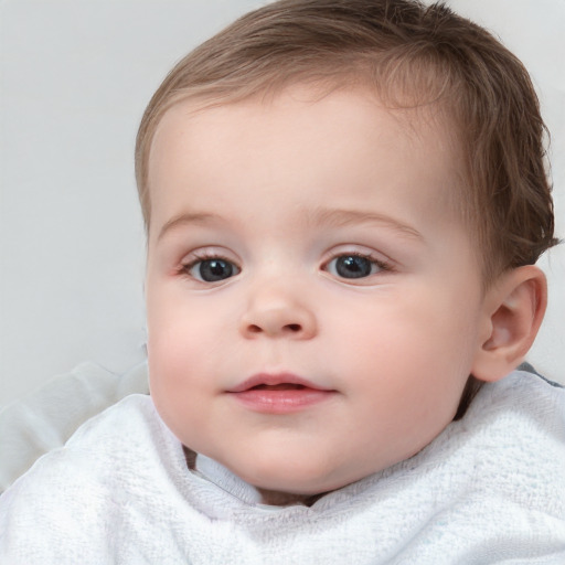 Joyful white child female with short  brown hair and blue eyes