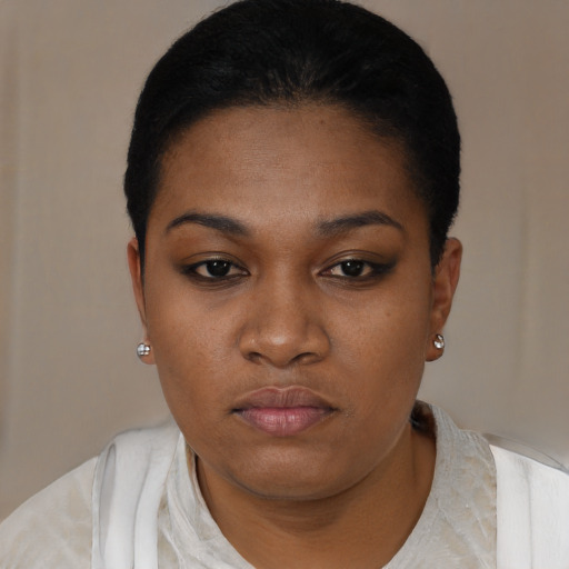 Neutral black young-adult female with short  black hair and brown eyes