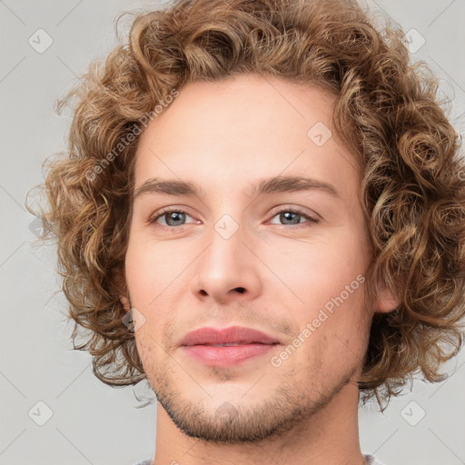 Joyful white young-adult male with medium  brown hair and brown eyes