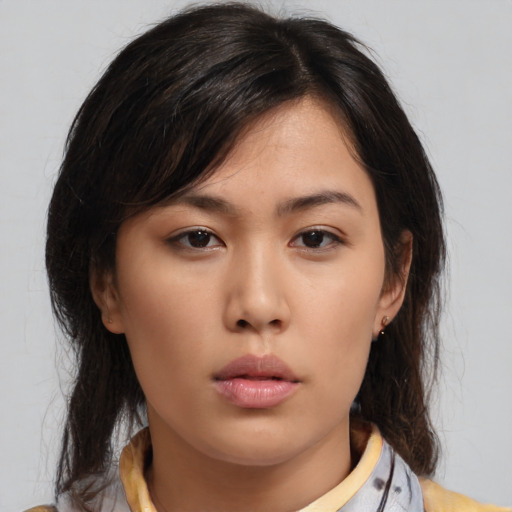 Neutral asian young-adult female with medium  brown hair and brown eyes