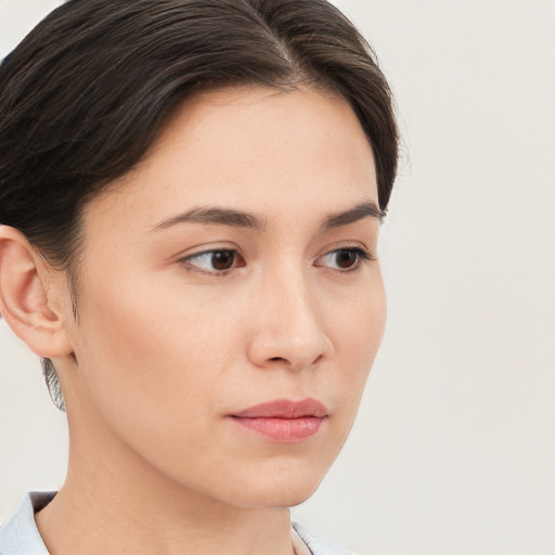 Neutral white young-adult female with short  brown hair and brown eyes