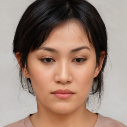 Neutral asian young-adult female with medium  brown hair and brown eyes