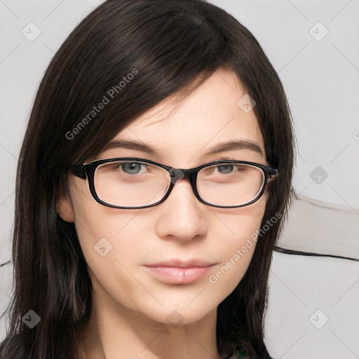 Neutral white young-adult female with long  brown hair and brown eyes