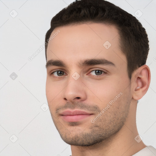 Neutral white young-adult male with short  brown hair and brown eyes