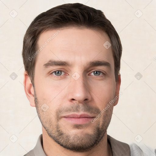 Neutral white young-adult male with short  brown hair and grey eyes