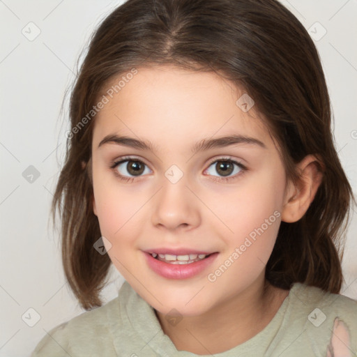 Joyful white child female with medium  brown hair and brown eyes