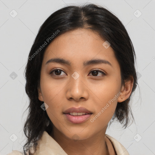 Joyful asian young-adult female with medium  black hair and brown eyes