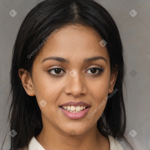 Joyful latino young-adult female with long  brown hair and brown eyes