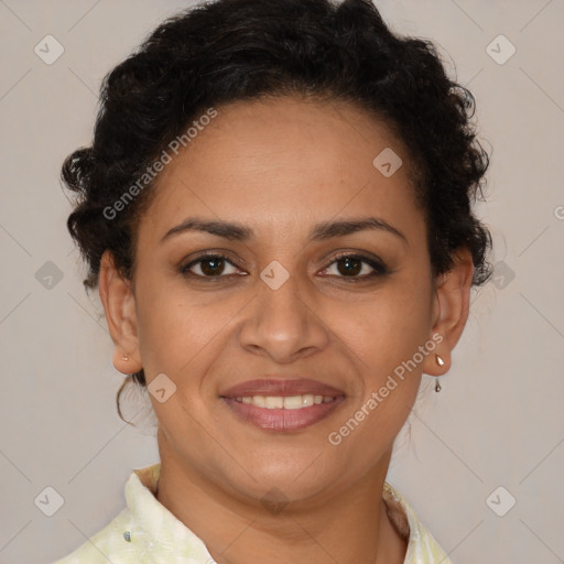 Joyful latino young-adult female with short  brown hair and brown eyes