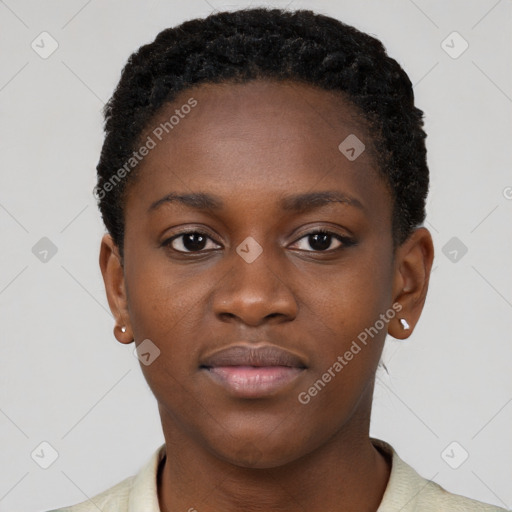 Neutral black young-adult female with short  black hair and brown eyes