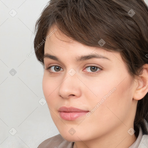 Neutral white young-adult female with medium  brown hair and brown eyes