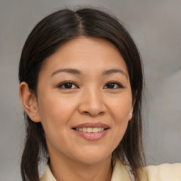 Joyful white young-adult female with medium  brown hair and brown eyes