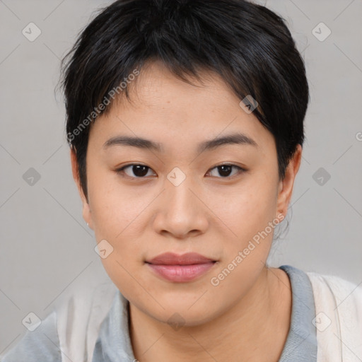 Joyful asian young-adult female with medium  black hair and brown eyes