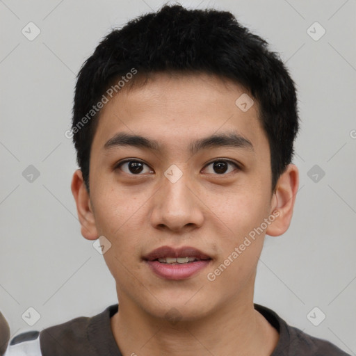Joyful white young-adult male with short  black hair and brown eyes