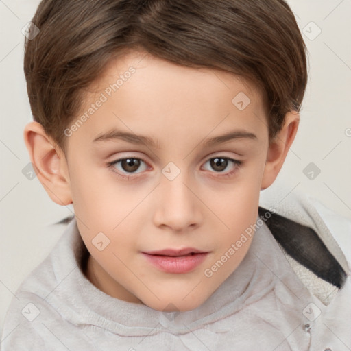 Joyful white child female with short  brown hair and brown eyes