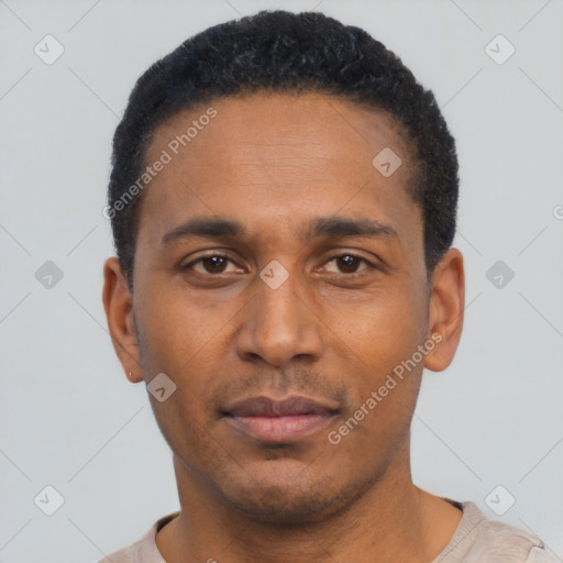 Neutral latino young-adult male with short  black hair and brown eyes