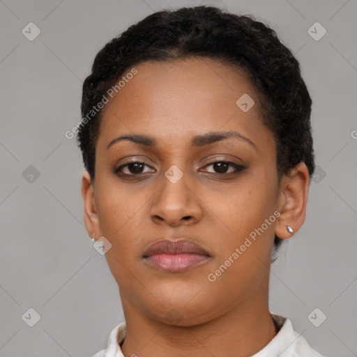 Neutral black young-adult female with short  black hair and brown eyes