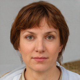 Joyful white adult female with medium  brown hair and blue eyes