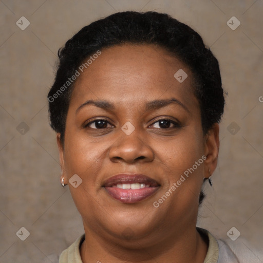 Joyful black adult female with short  brown hair and brown eyes