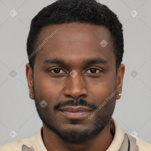 Joyful latino young-adult male with short  brown hair and brown eyes