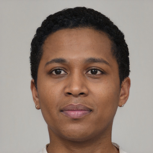 Neutral black young-adult female with short  brown hair and brown eyes
