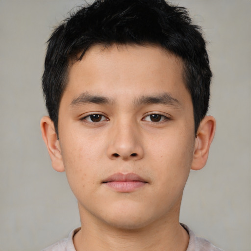 Neutral asian young-adult male with short  brown hair and brown eyes
