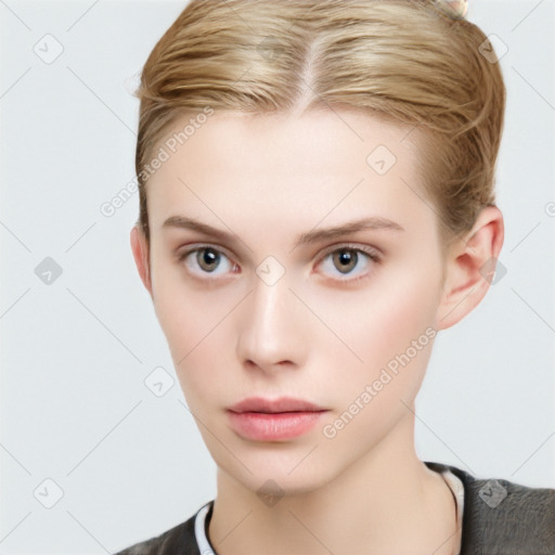 Neutral white young-adult female with short  brown hair and brown eyes