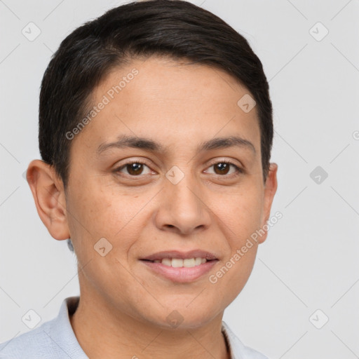 Joyful white young-adult female with short  brown hair and brown eyes