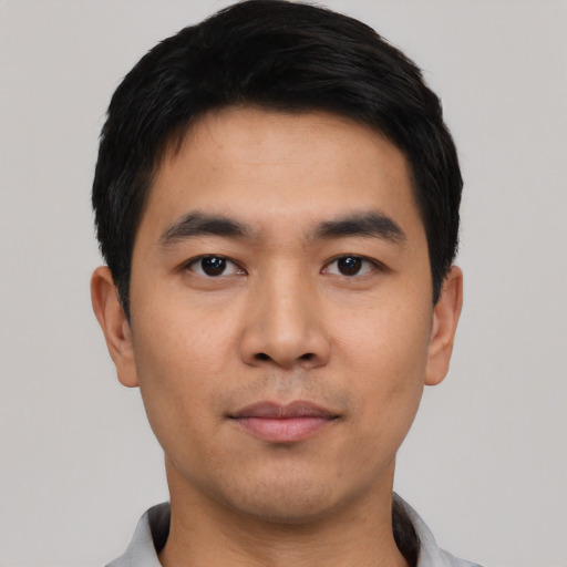 Neutral asian young-adult male with short  black hair and brown eyes