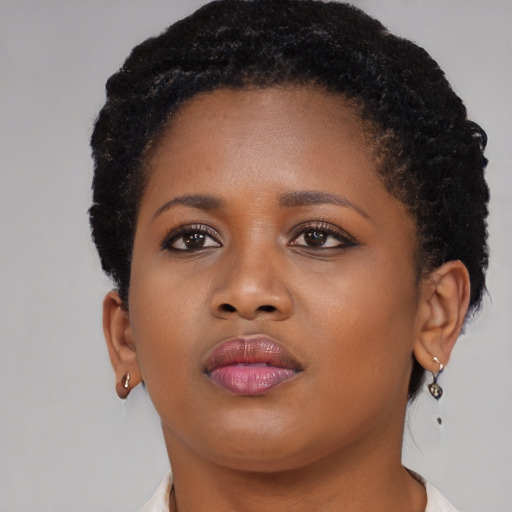 Neutral black young-adult female with short  brown hair and brown eyes