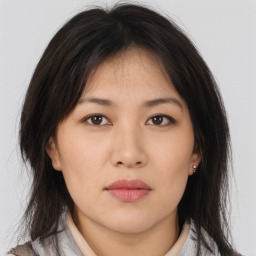 Neutral asian young-adult female with medium  brown hair and brown eyes